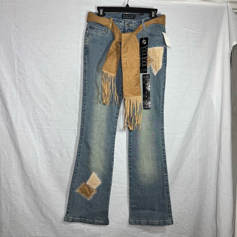Y.O.Y.O. Vintage Women's Denim Jeans with Fringe Tan PatchWork Size 9 NWT Boot